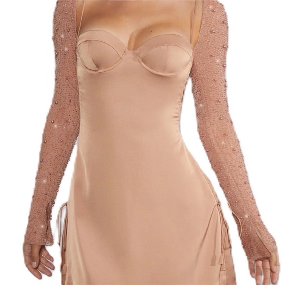 Oh Polly Dresses & Skirts - Oh Polly Geneva Nude Mini Dress w/ Embellished Sleeves - Beaded, strappy, flirty